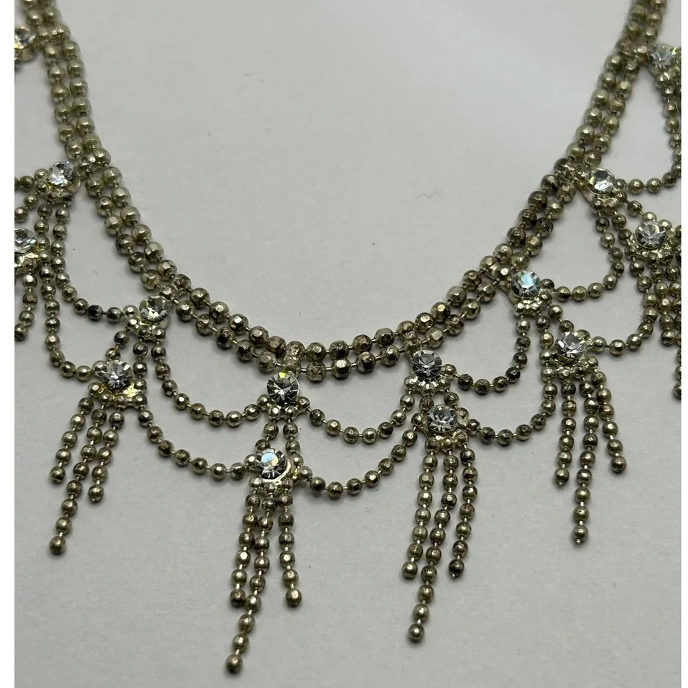 Bib Necklace Silver Rhinestone Chandelier Draped‎ Ball Chain Tassels Regency 14